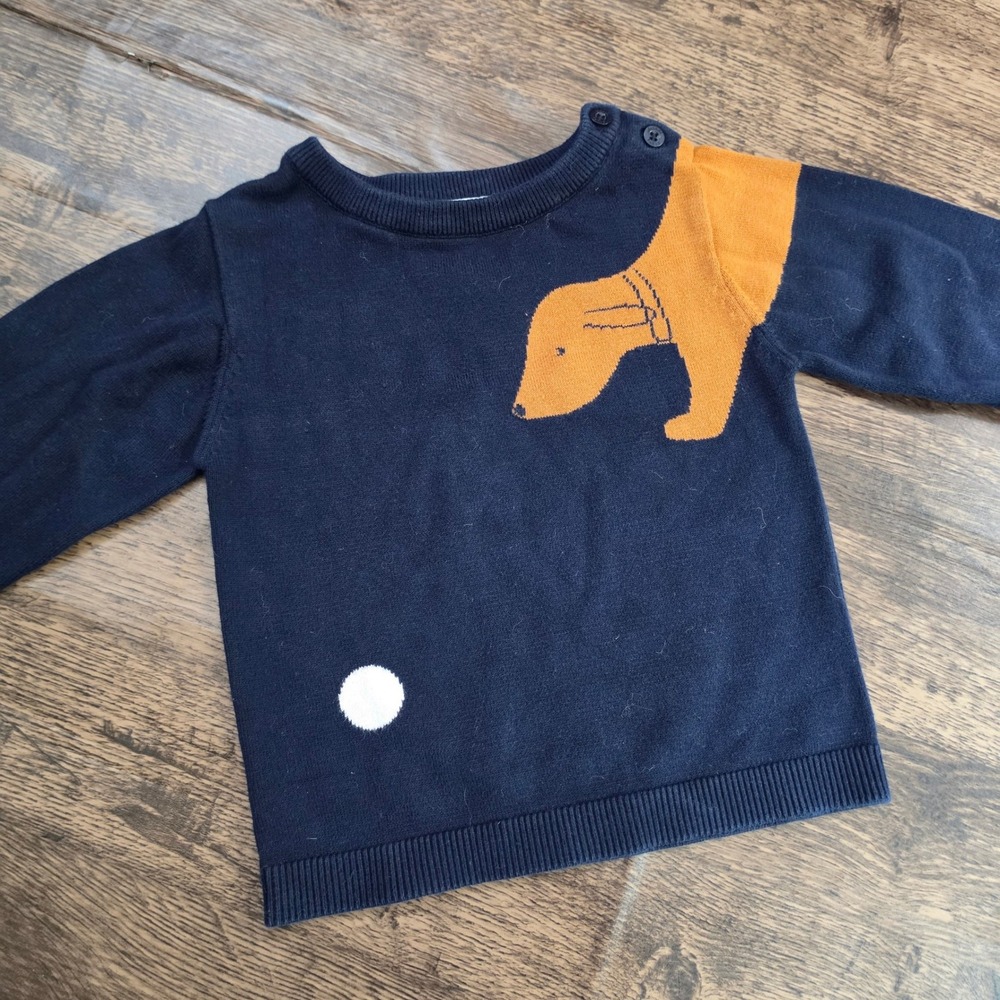 JACADI Sweater Toddler Boys 36M Navy Blue Dog Intarsia Knit Cotton Pullover